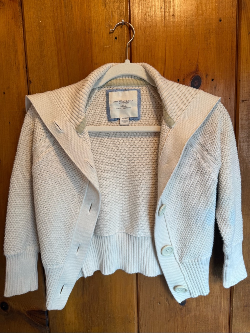 American Eagle Outfitters Cream Knit Button-Up Cardigan with Blue Label Accent